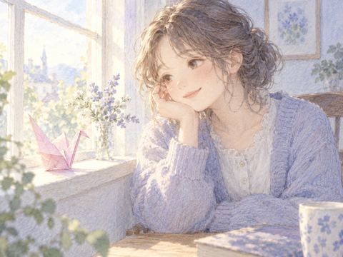 机で折り紙を丁寧に折って鶴を作る女性