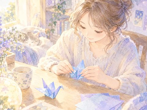 色とりどりの千羽鶴を温かな表情で見上げる女性