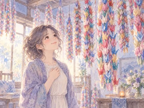 スケッチブックに翼を広げる鶴を描く女性