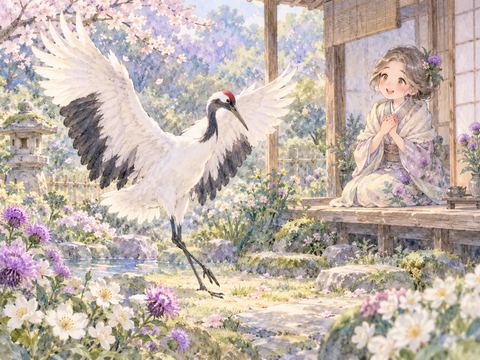 庭に舞い降りる鶴を驚きながら迎える女性
