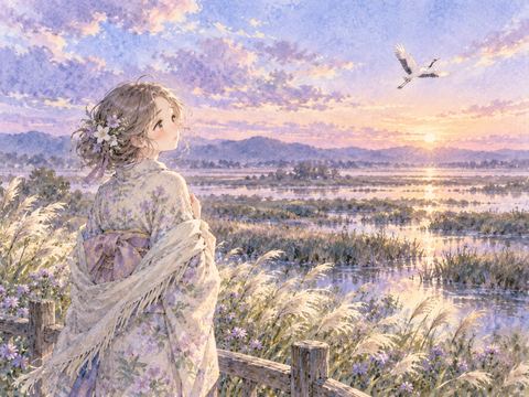 遠い空へ飛び去る鶴を寂しそうに見送る女性