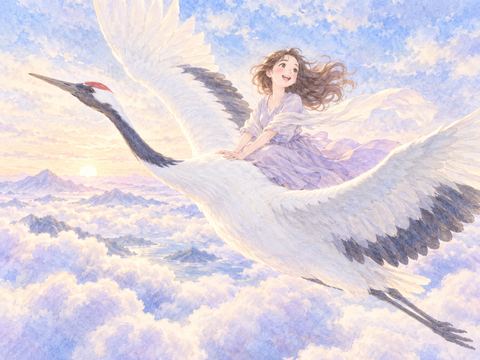 巨大な鶴の背中に乗って雲の上を飛ぶ女性