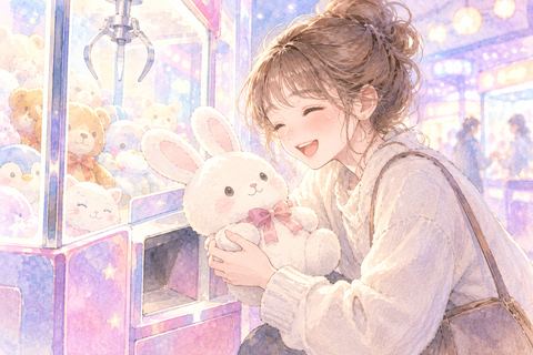 クレーンゲームで景品が取れて喜ぶ女性