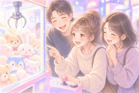 家族とクレーンゲームを楽しむ大人の女性