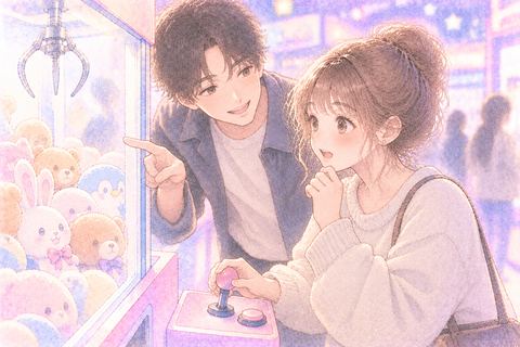 知らない人とクレーンゲームをする女性