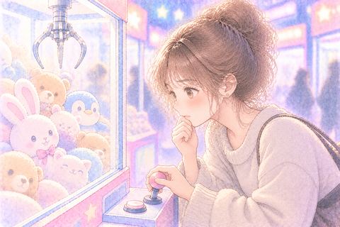 一人でクレーンゲームに集中する大人の女性