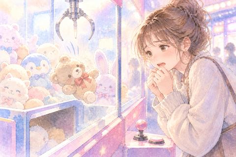 景品を落として悔しそうにする大人の女性