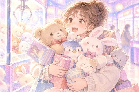 たくさんの景品を抱えて驚く大人の女性