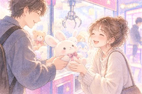 他の人に取ってもらった景品を受け取る女性