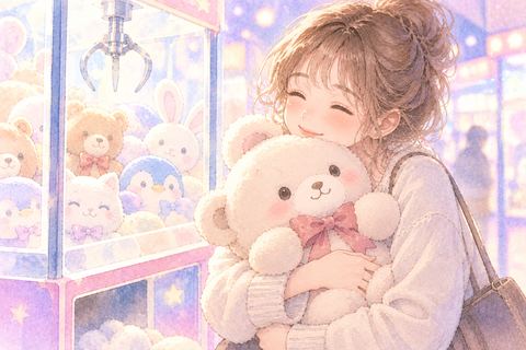 取ったぬいぐるみを嬉しそうに抱く女性