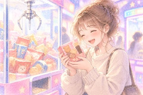 クレーンゲームで取ったお菓子を喜ぶ女性