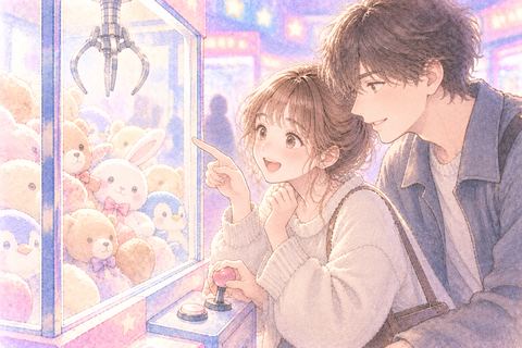 恋人とクレーンゲームを楽しむ女性