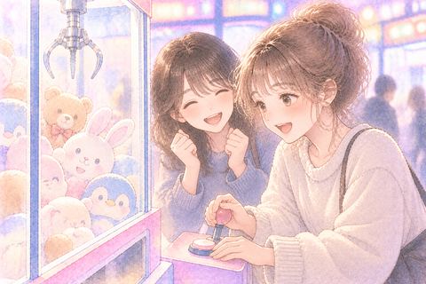 友達とクレーンゲームを楽しむ女性