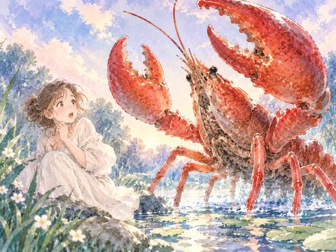 巨大な赤いザリガニを見上げて驚く女性