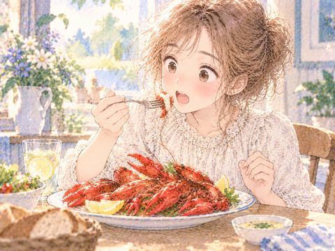 調理されたザリガニを前に驚きながら食べる女性