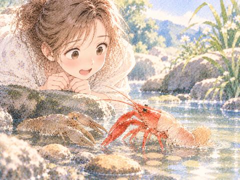 古い殻から抜け出すザリガニを見守る女性