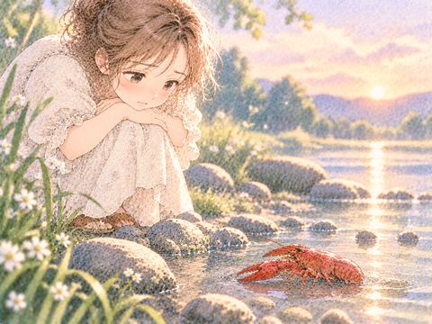 動かなくなったザリガニを静かに見つめる女性