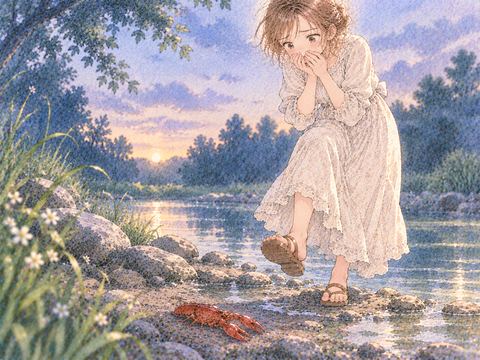 ザリガニを踏みつけてしまい後悔する女性