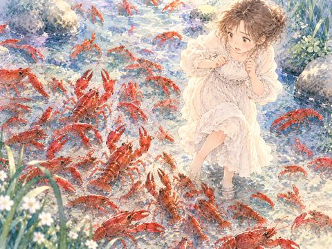足元に集まる大量の赤いザリガニに戸惑う女性