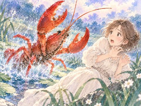 ハサミを振り上げて迫るザリガニから身を守る女性