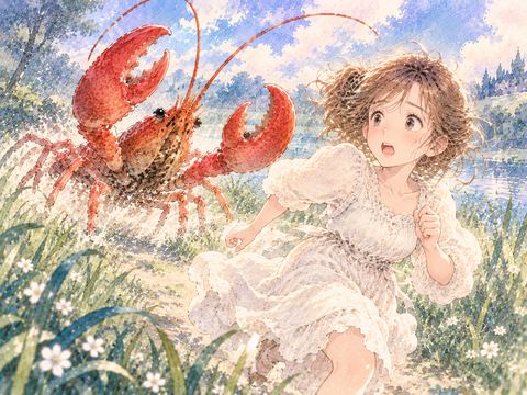 大きな赤いザリガニに追われて走る女性
