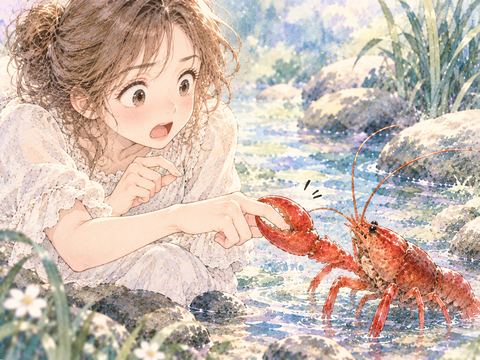 ザリガニに指を挟まれて驚く女性
