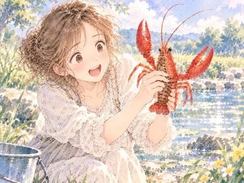 赤いザリガニを捕まえてうれしそうに微笑む女性