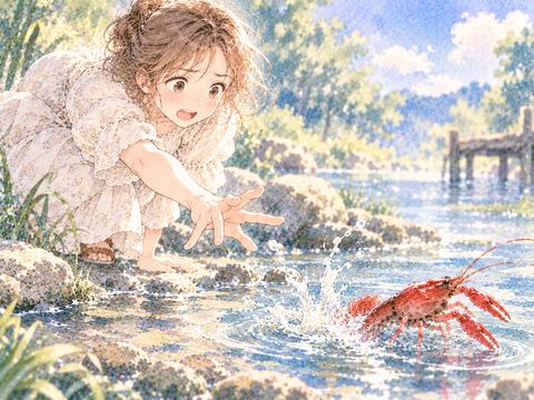 手元から逃げる赤いザリガニを悔しそうに見送る女性