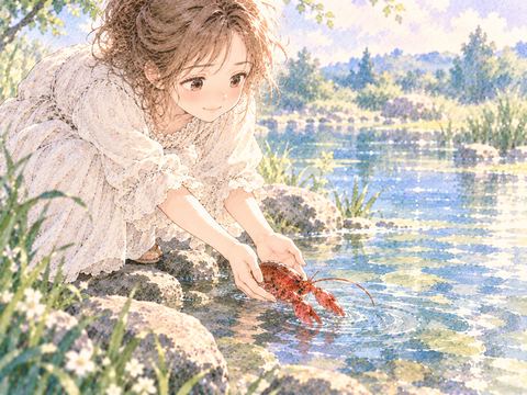 赤いザリガニを水辺へそっと逃がして微笑む女性