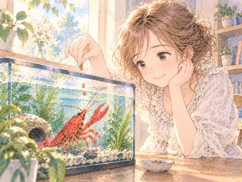 水槽の赤いザリガニに餌をあげて微笑む女性