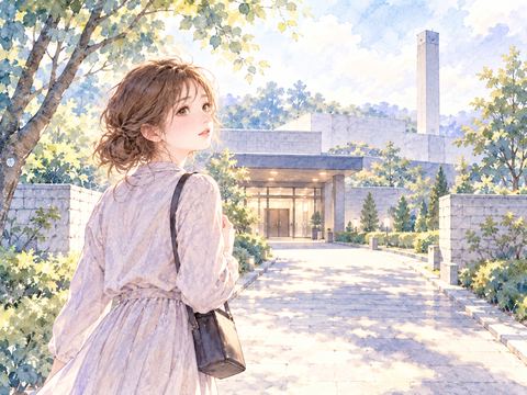 火葬場へ続く道を少し緊張した表情で歩く女性