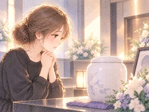 火葬場の静かな室内で白い骨壺を見つめる女性