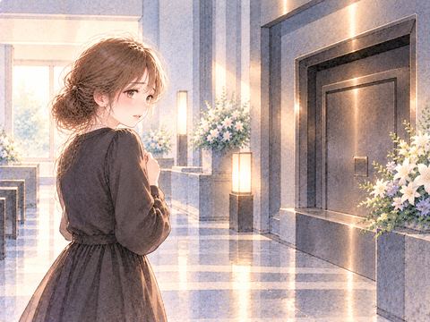 火葬場の炉前で不安そうに立ち止まる女性