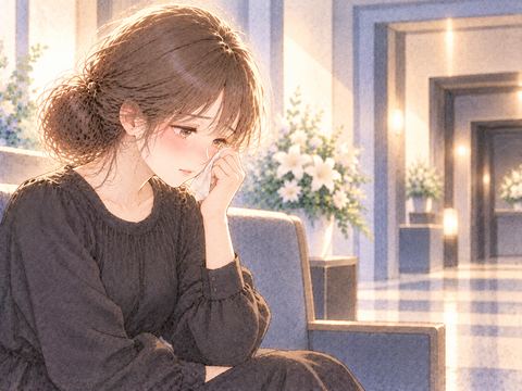 火葬場の待合室で静かに涙をぬぐう女性