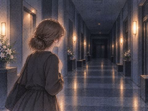 出口が見えない暗い火葬場の廊下に立つ女性