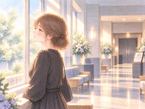 日差しが入る明るい火葬場で穏やかに佇む女性