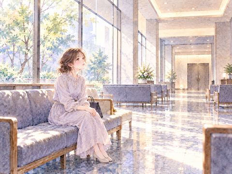 誰もいない火葬場の待合室に一人で座る女性
