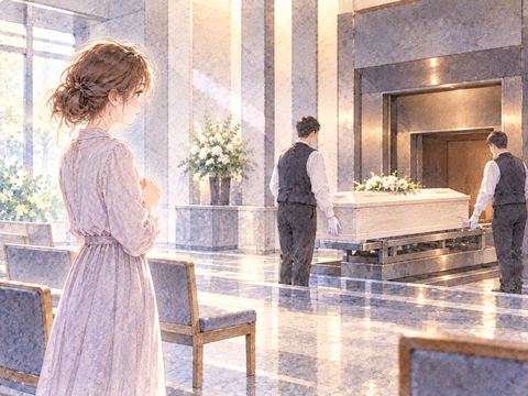 火葬炉の前で棺を静かに見送る女性