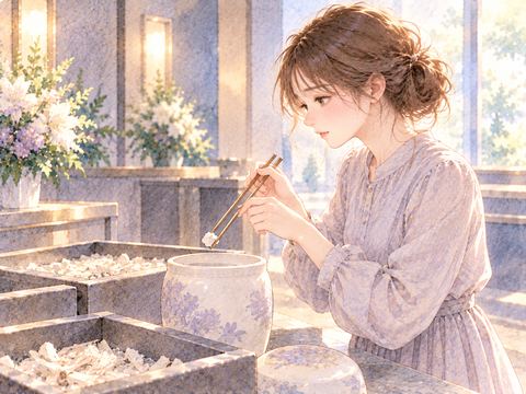火葬場で箸を使い遺骨を丁寧に拾う女性