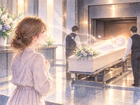 火葬場で自分の棺を離れた場所から見つめる女性