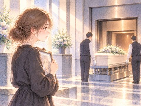 火葬場で親の写真を抱き棺を見送る女性