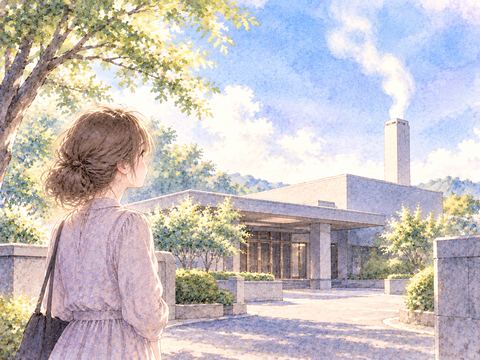 火葬場の煙突から細い煙が静かに空へ昇る風景