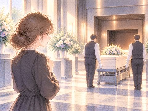 火葬場で運ばれていく棺を寂しそうに見送る女性