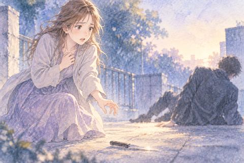 刃物を手放して動揺する大人の女性