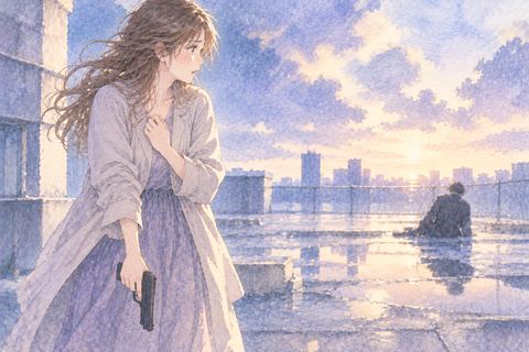 銃を下ろして遠くの人影を見る女性