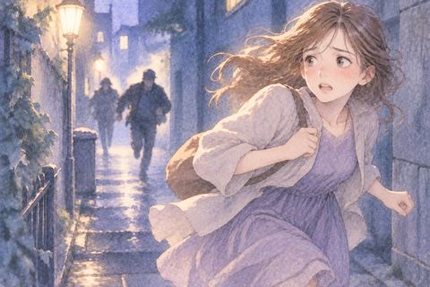 夜道を振り返りながら逃げる大人の女性