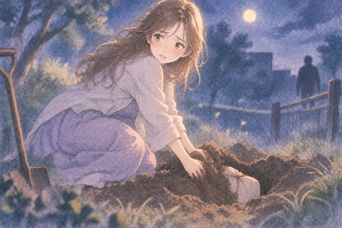 夜の地面に包みを埋める大人の女性