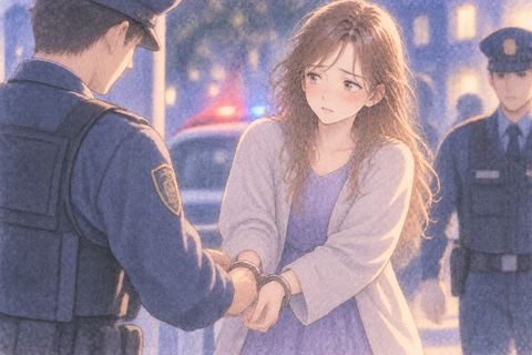 逮捕され複雑な表情を見せる大人の女性