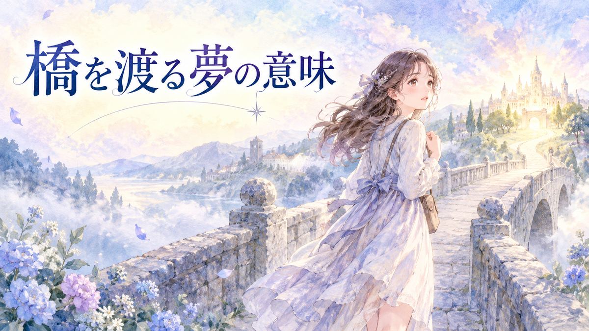 幻想的な橋を渡りながら向こう岸を見つめる大人の女性