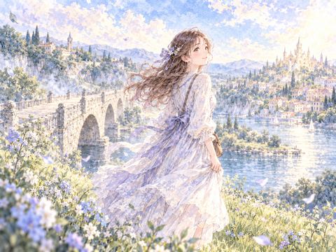 橋を渡り終えて明るい向こう岸で微笑む女性